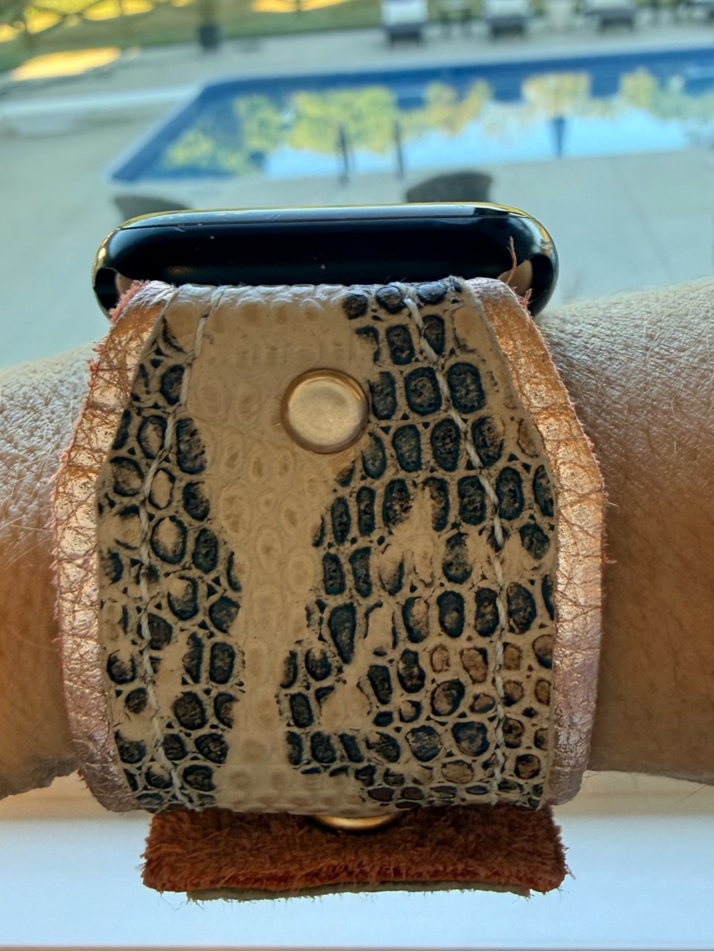 Spark*l Snakeskin Print Leather Apple Watch Bow Band cream & Brown & Rose Gold